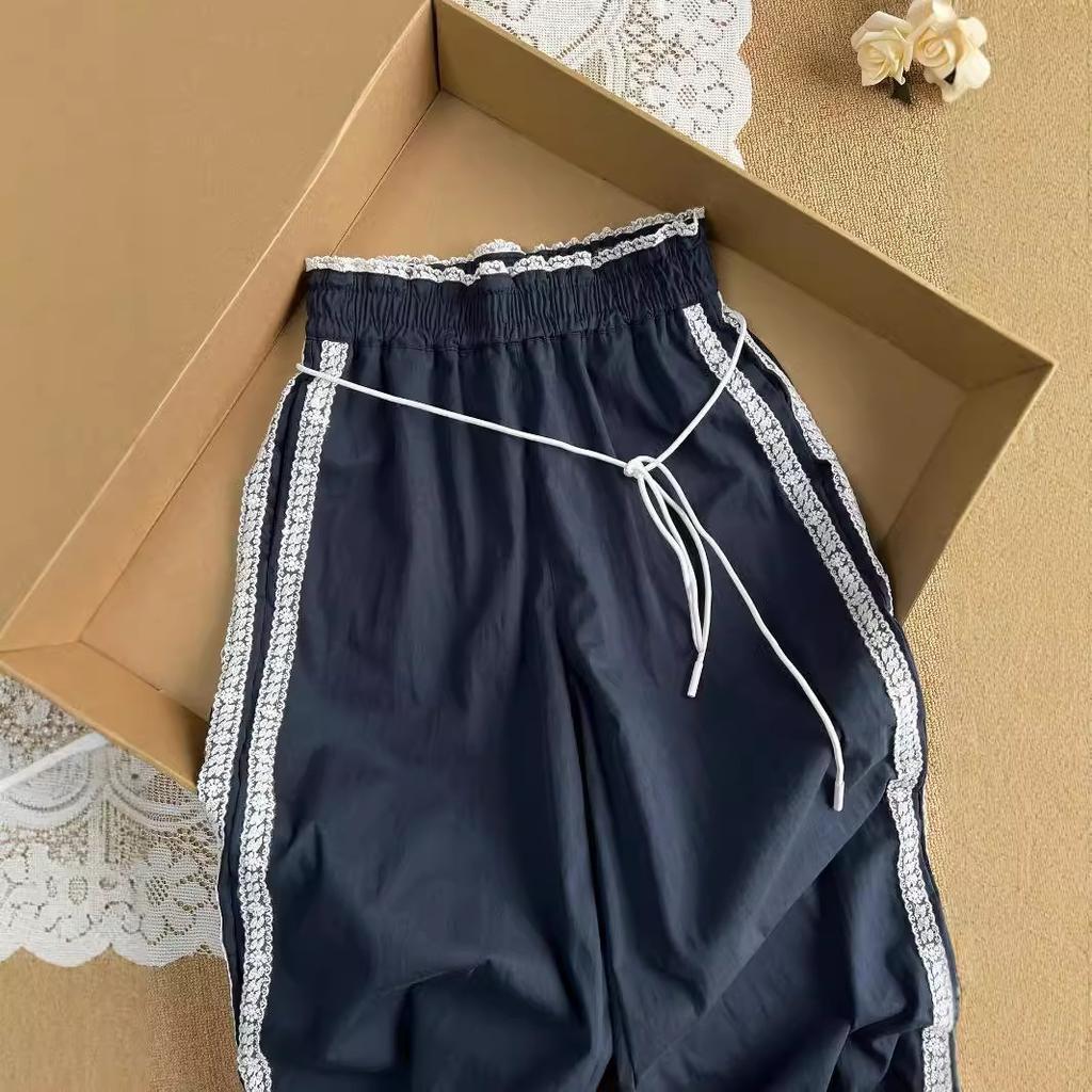 Hose mit Streifen und Spitze im koreanischen Stil für Damen, Herbstneuheit, elastische Taille, Harajuku-Stil, Freizeithose, gerade Hose
