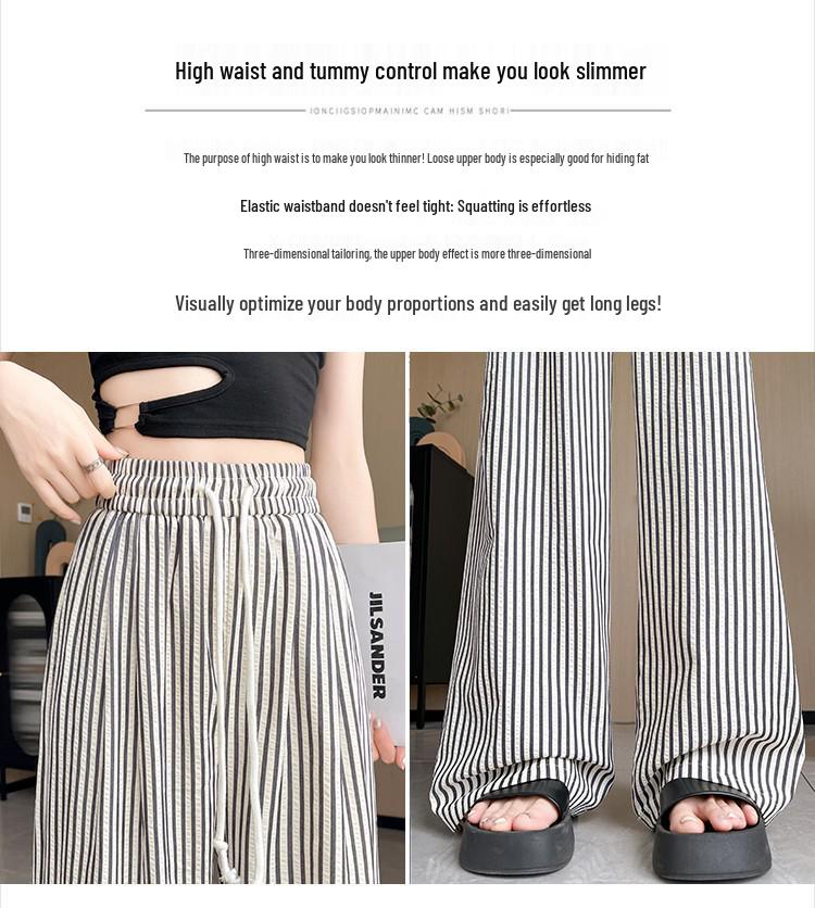 Women's High-Waisted Black & White Striped Wide-Leg Pants - Summer Casual Straight-Leg Trousers.