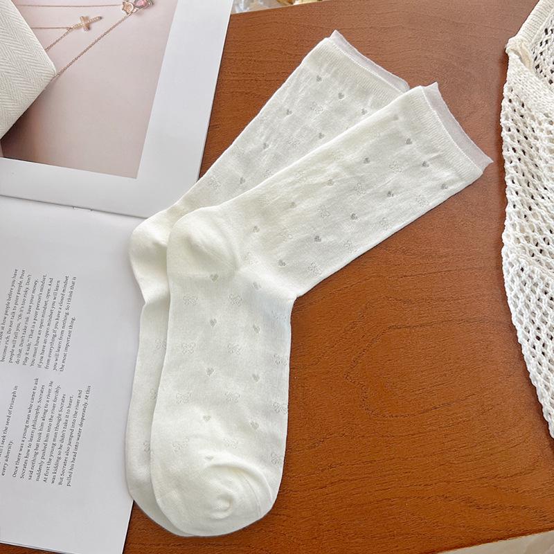

Women s White Heart Lace Mesh Stockings - Breathable, Ruffled, Long, Thin Socks for Spring/Summer. One Size
