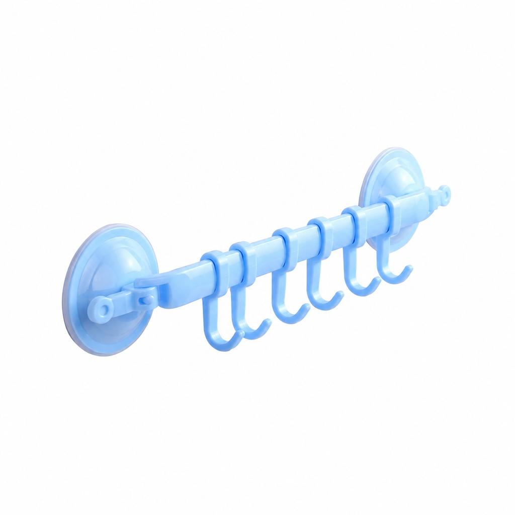 Suction Cup 6 Hook Hanger Adjustable Sliding Plastic Towel Rack Detachable Wall-mounted Storage for Bathroom Kitchen
