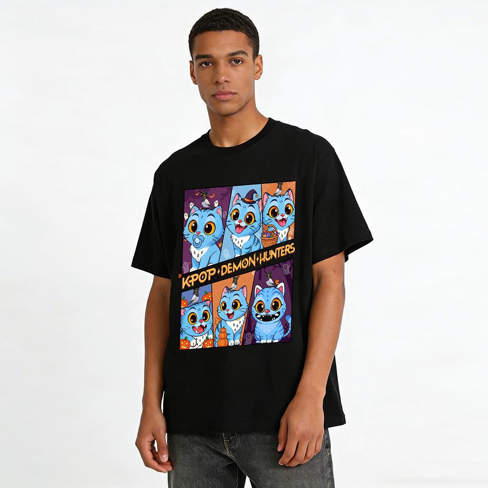 Halloween KPOP Demon Hunters Blue Cat Growth Print Top Unisex Casual Festival T-Shirt Pure cotton T-shirt