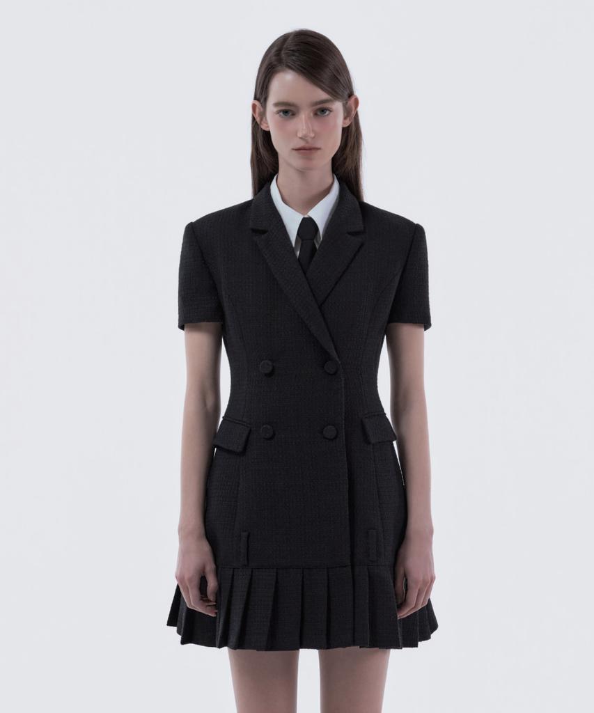 Mausolleum Jenn Pleated Half-Sleeve Suit Jacket Dress - Tweed Black