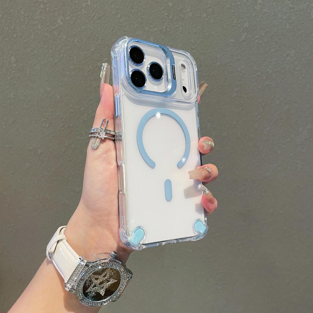 For Magsafe Shockproof Magnetic Phone Case for IPhone 17 16 15 Plus 14 13 12 Pro Max 17Air with Glass Lens Protect Stand Cover