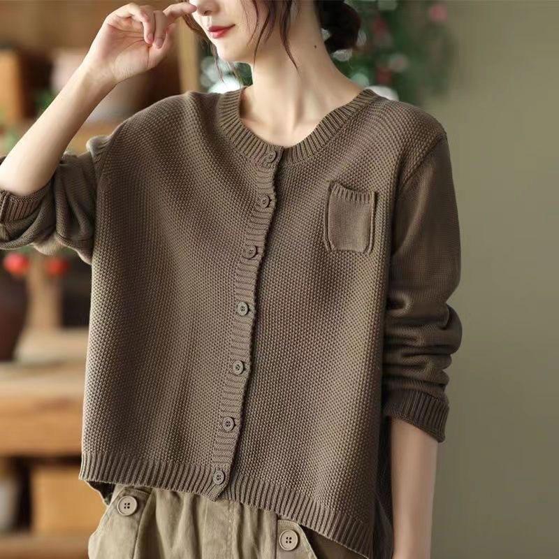 2025 Spring Women's Retro Knit Cardigan - Loose, Long Sleeve, Round Neck, Single-Breasted