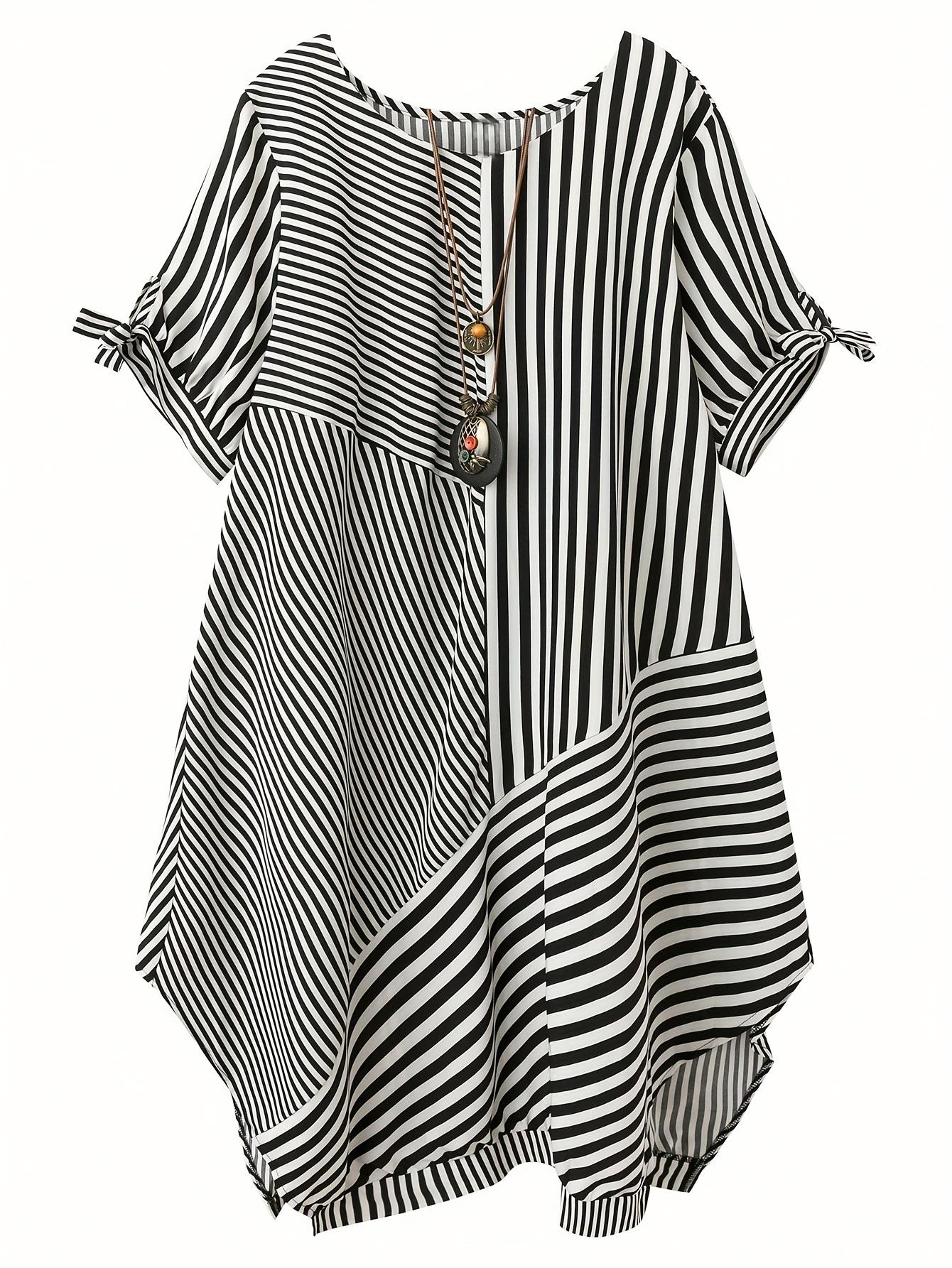 Plus Size Women s V-neck Asymmetrical Striped Patchwork Dress 5XL
