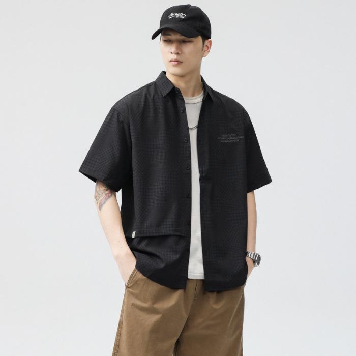 Summer Jacquard Ice Silk Work Shirt Style Men's Lapel Loose Short-sleeved Shirt Men