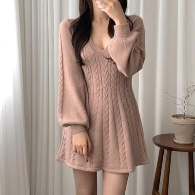 Knit Knitted Sweater Mini Dress Women Casual Lantern Sleeve Short Dresses Autumn Winter V Neck Outfits Female