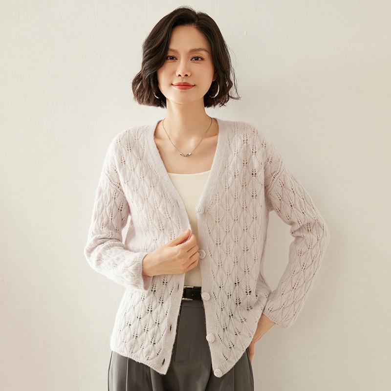 

Осенне-зимний кашемировый кардиган с V-образным вырезом и пуговицами с листовым дизайном - Свободный крой и модный L for 60-75 kg