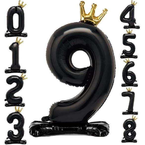 

42 Inch Crown Black Number Balloon 0-9, Number 4 Balloon with Base for Boys Girls 4th Birthday Party Decoration, Anniversary Decor Theme Party Stand Black 9