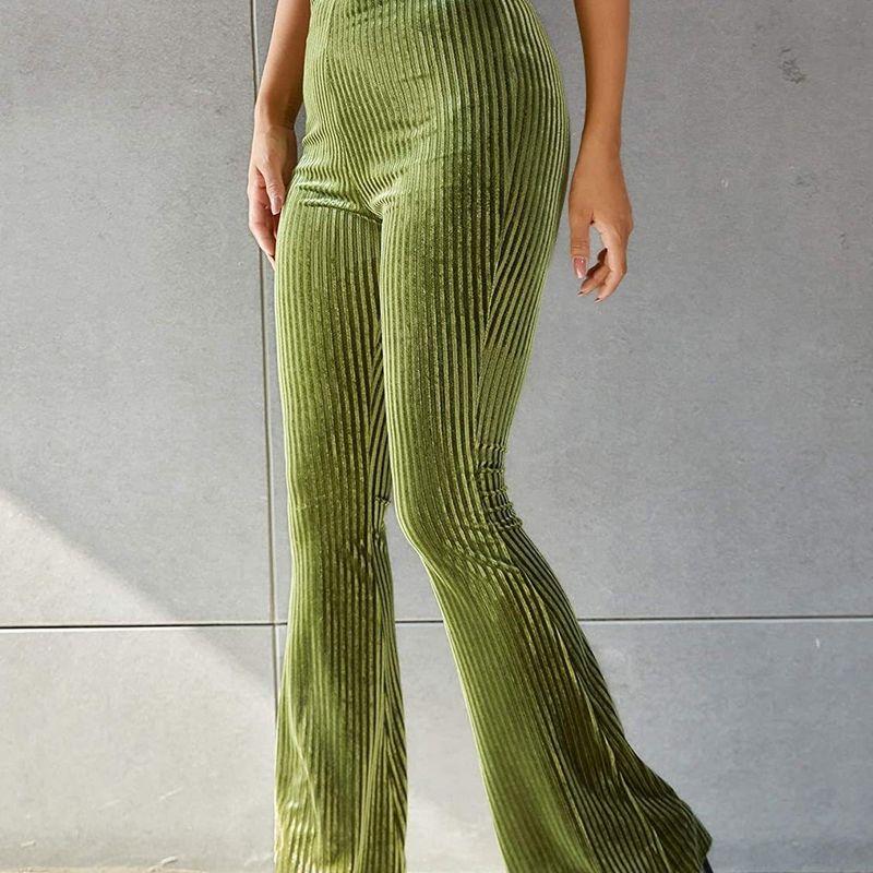 Graceful Personality New Arrival European and American Women's Clothing Fashion Sexy Pure Color High Waist Pleuche Sunken Stripe Bell-Bottom Pants