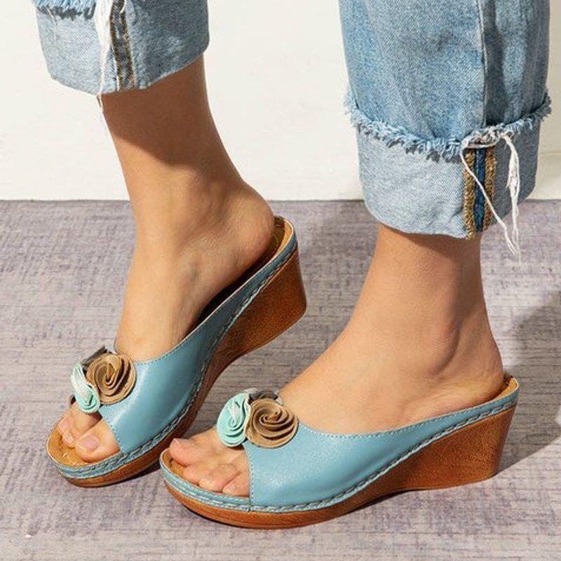New flower cool slippers muffin thick-soled wedge heel women's slippers wish women's shoes-4 large size shoes