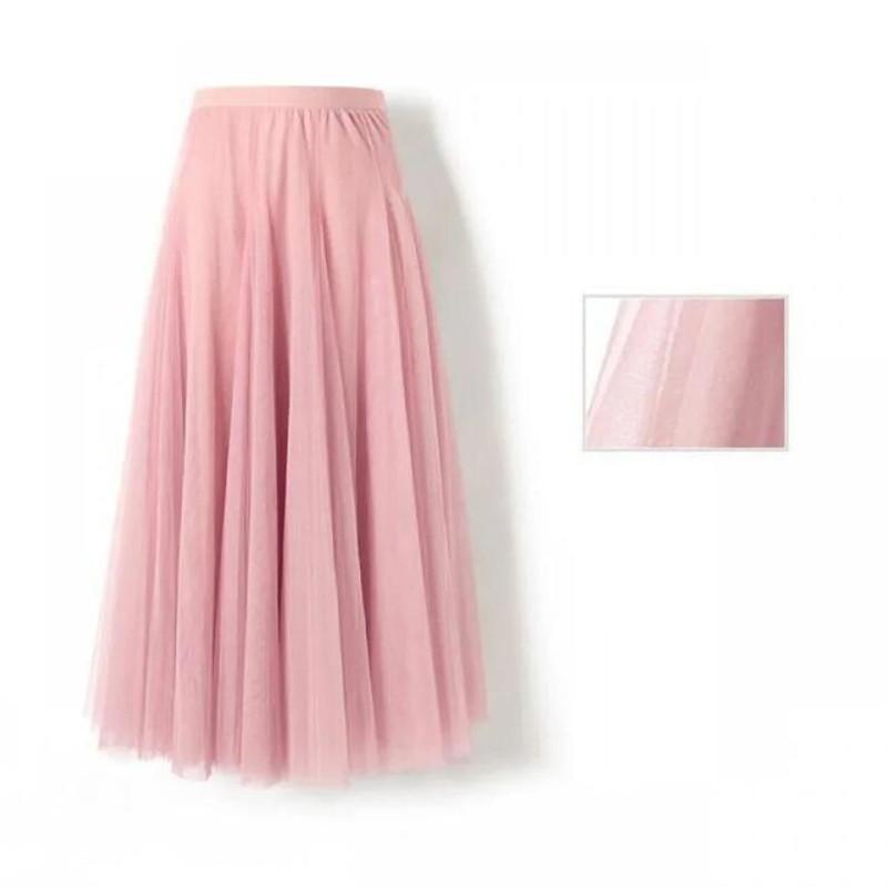 Spring Autumn Summer Holiday Beach Women Long Midi Skirt Ladies Elastic High Waist Tulle Mesh Pleated Tutu Skirt