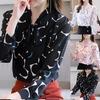 Women Digital Print Long Sleeve Blouse Top Buttons Cuff Necktie Bowknot Pullover