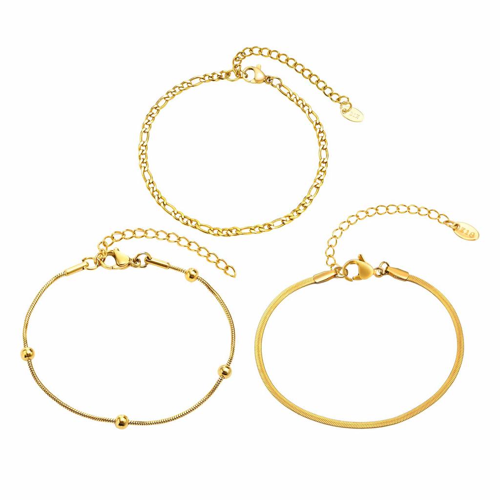 3pcs Set Simple Stainless Steel Bracelet for Women, Adjustable Gold Plated Thin Chain Bracelets, Fashion Stackable Jewelry Set