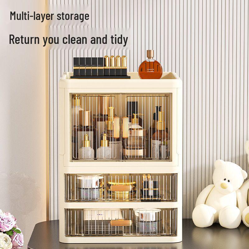Foldable Double Door Skincare Organizer with Drawers and Multi-Layer Storage
