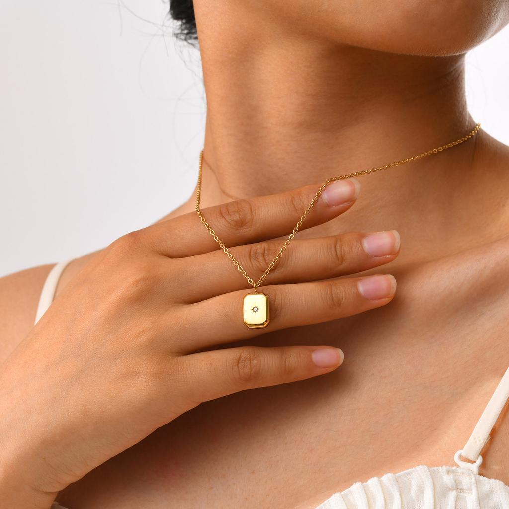 Exquisite Briolette & Square Pendant Necklace for Women | Hypoallergenic Polished Stainless Steel Gold Plated Chain