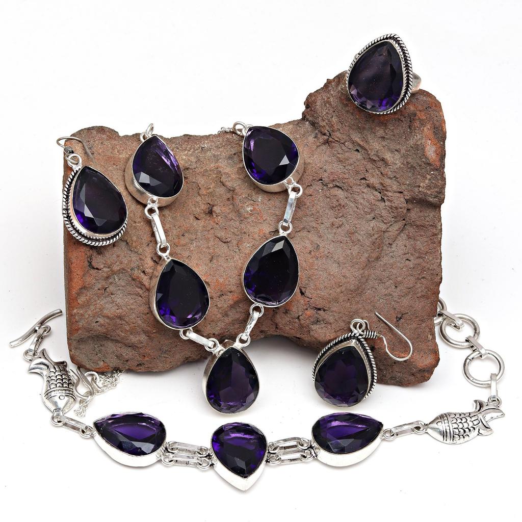 Set Amethyst Pendant Earrings Girls Earring Necklace Sterling