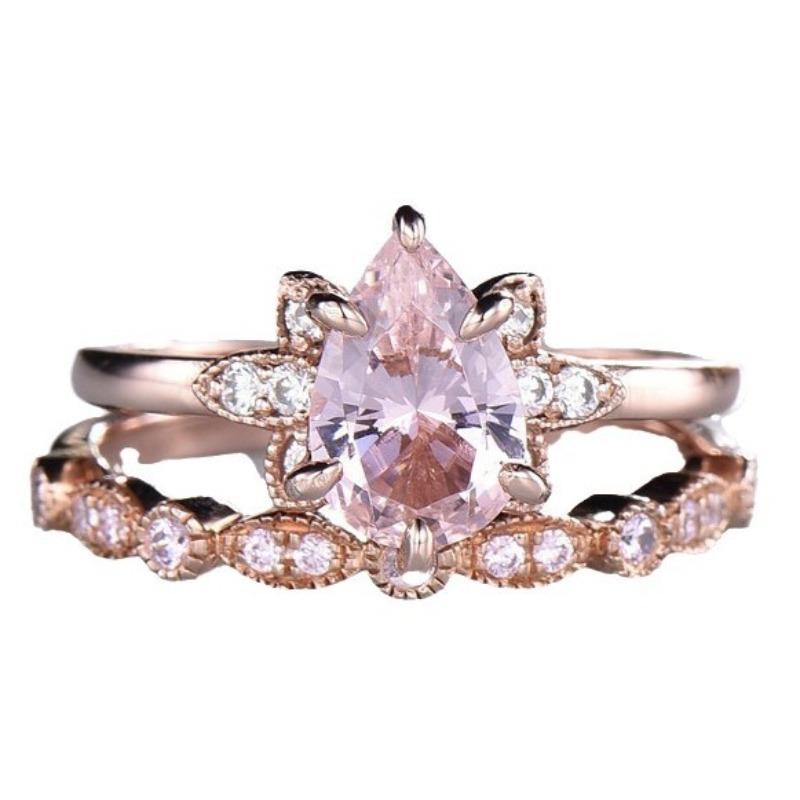 New Rose Gold Inlaid with Water Drop Powder Zircon Pair Ring European Beautiful Women's Wedding Engagement Floral Jewelry