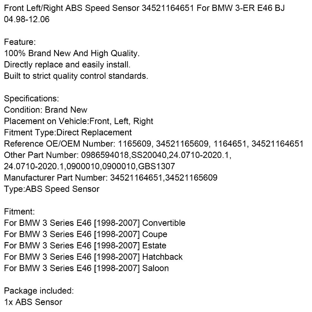 Areyourshop Front Left/Right ABS Speed Sensor 34521164651 For BMW E46 323i 325i 328i M3