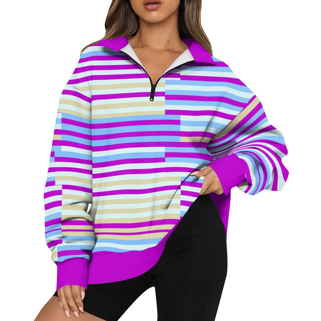 Dámská mikina Módní top mikina s dlouhým rukávem a pruhovaným potiskem do poloviny na zip