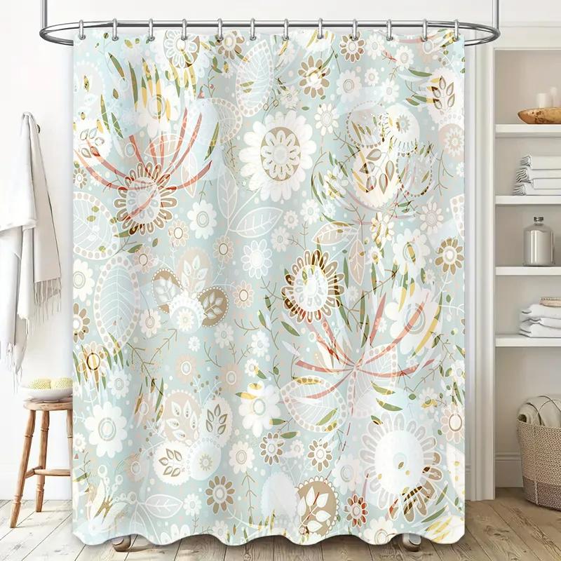 Modern Floral Print Shower Curtain Luxury Waterproof Bath Decoration for Home Decor Bathroom Accessories (Blue White)
