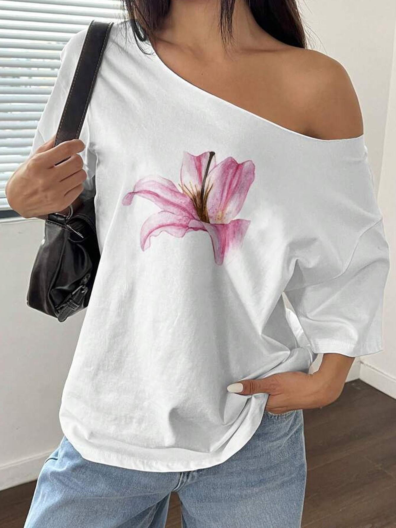 Асимметричный топ с открытыми плечами, принт лилии, Y2K, женский, свободный, модный XL белый