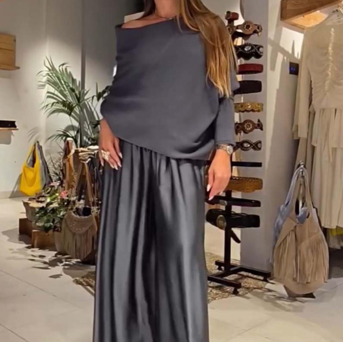 

2026 Elegant Off-the-Shoulder Top & Satin Wide-Leg Pants Set XL