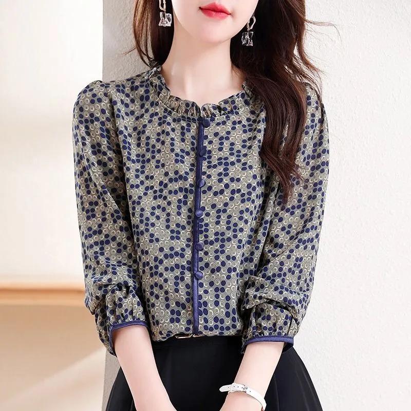 Printed Chiffon Shirt Spring and Autumn New Fashionable Style Shirts Women's Age-reducing Tops