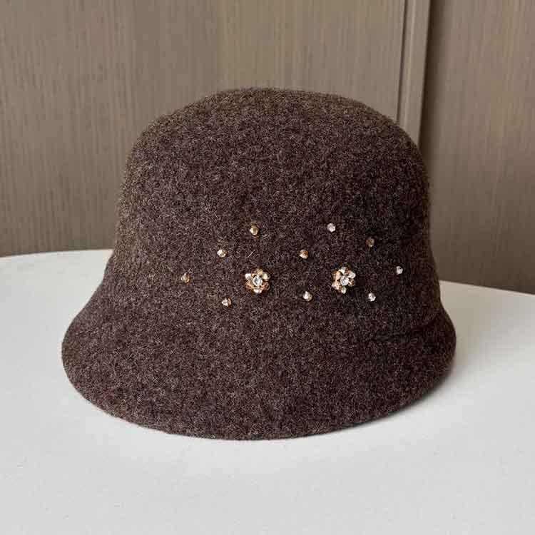 Xiaoxiangfeng Elegant Woolen Top Hat Autumn And Winter Warm Knitted Basin Hat Women'S Fashion Rhinestone Decorative Fisherman Hat