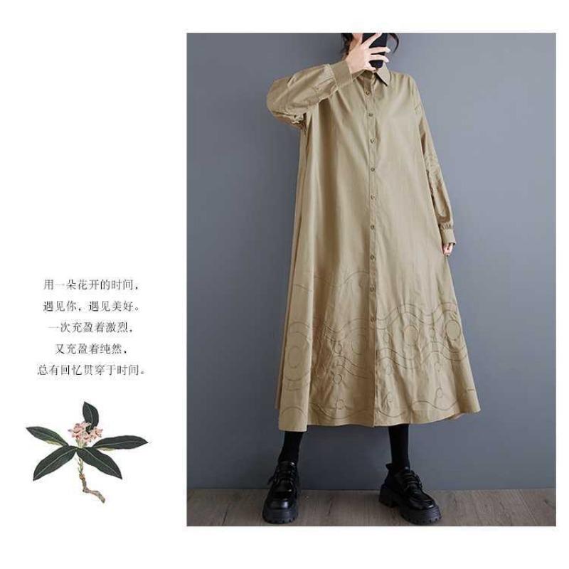 Lösa Plus Size Splicing Casual Enkla Broderier Söta Långärmade Klänningar