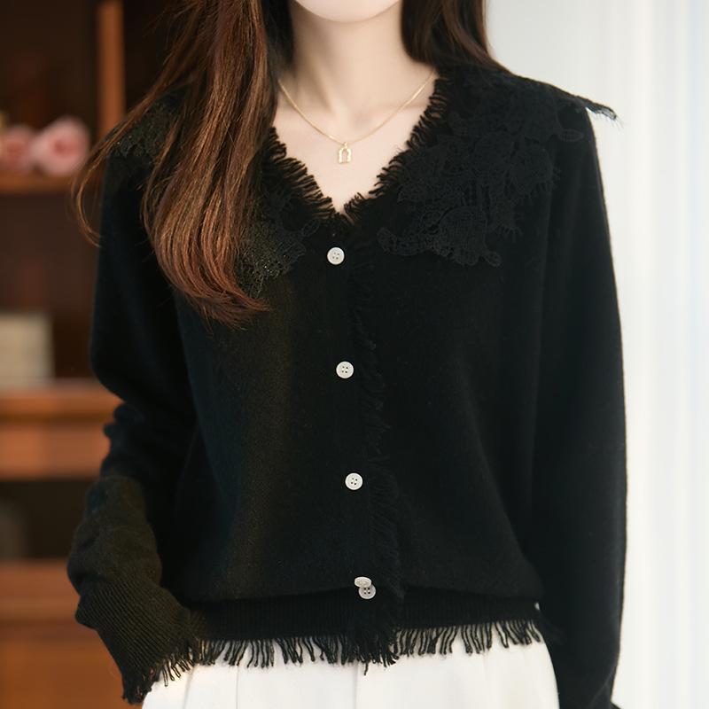 Autumn And Winter New V-Neck Solid Color Cashmere Knitted Cardigan Heavy Industry Embroidery Fringed Edge Loose Top Coat