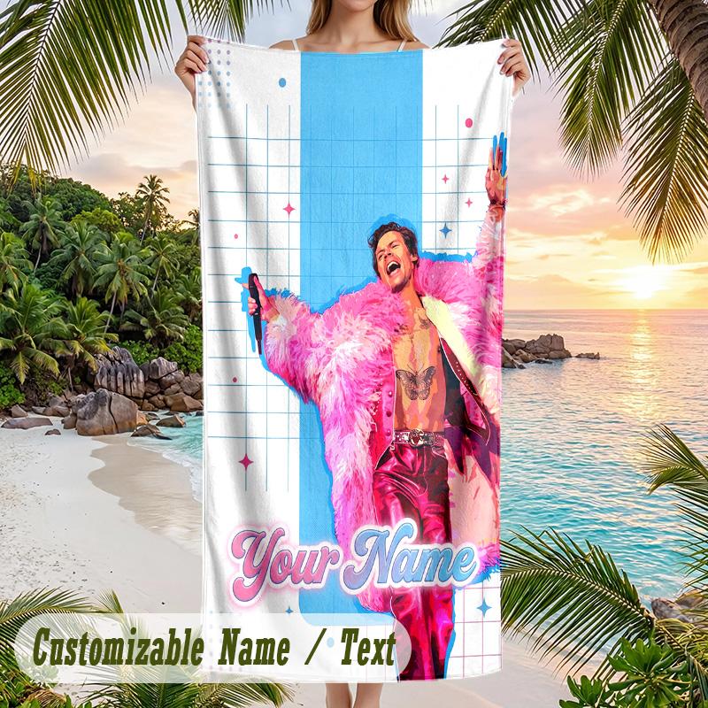 Harry Styles Beach Towel, Personalized Custom Name Text, Quick Dry Large Absorbent Towel For Beach Pool