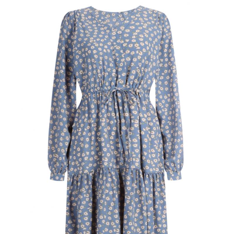 Shop Women Waist String 2 Layer Ruffled Floral Long Sleeve Long Dress Ivory Th