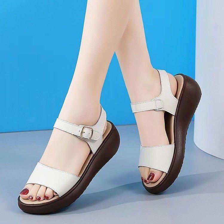 Leather Sandals Women's Summer Fashion New Soft-soled Non-slip Women's Work Casual Versatile Medium Heel Thick-soled Muffin Shoes