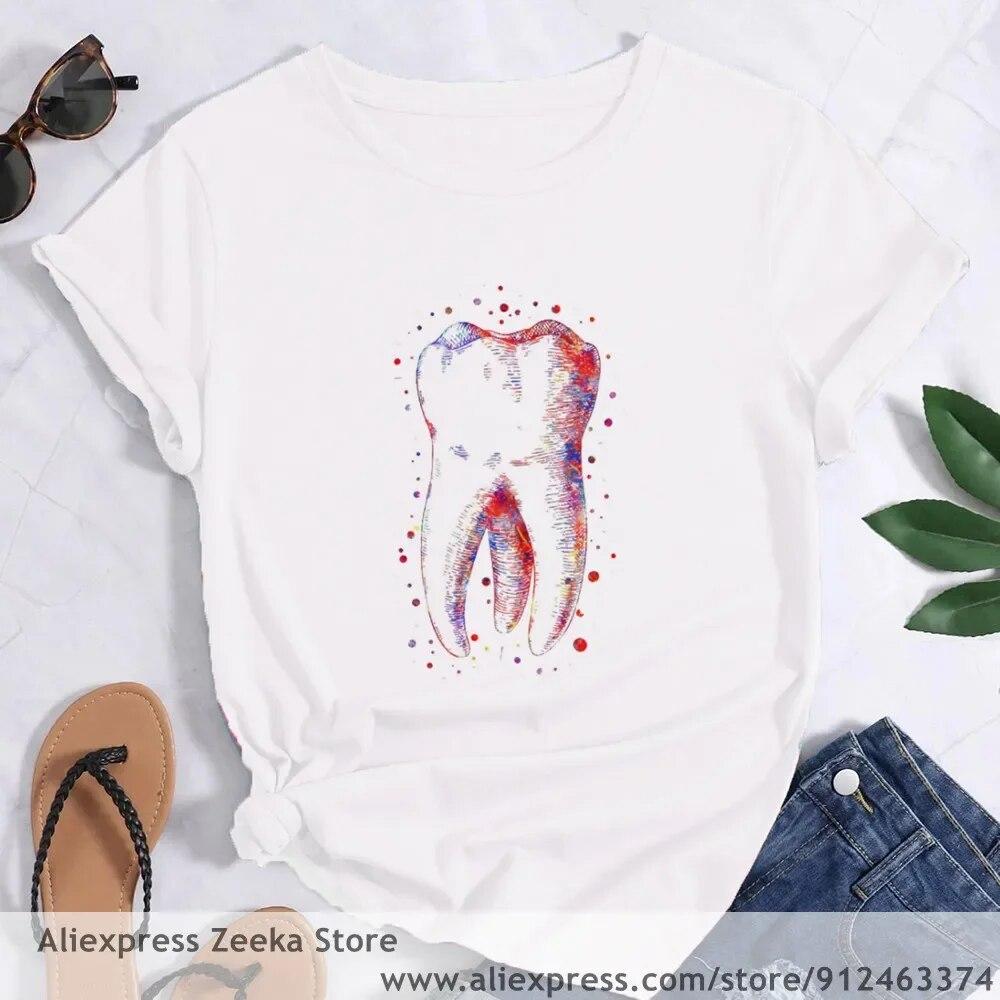Zahn und Zahnarzt Grafik Ästhetik Frauen Lustige Print Damen T-shirt Mädchen Y2K Harajuku Basis O-kragen Weißes Hemd Kurze