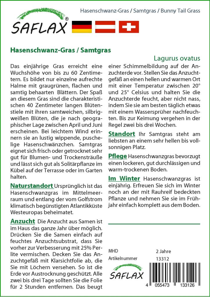 SAFLAX Garden In the Bag - Bunny Tail Grass - 100 Seeds - With Substrate In a Fitting Stand Up Bag - Lagurus Ovatus