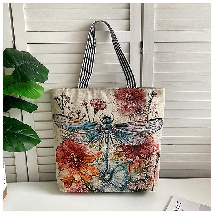 Ethnic Style Embroidered Canvas Shoulder Bag with Gold Thread.