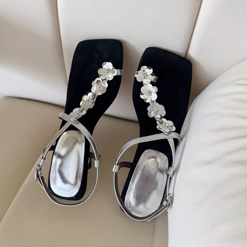 Sheepskin version~ Square head sequined flower toe sandals women's exquisite skirt with wedge sandals