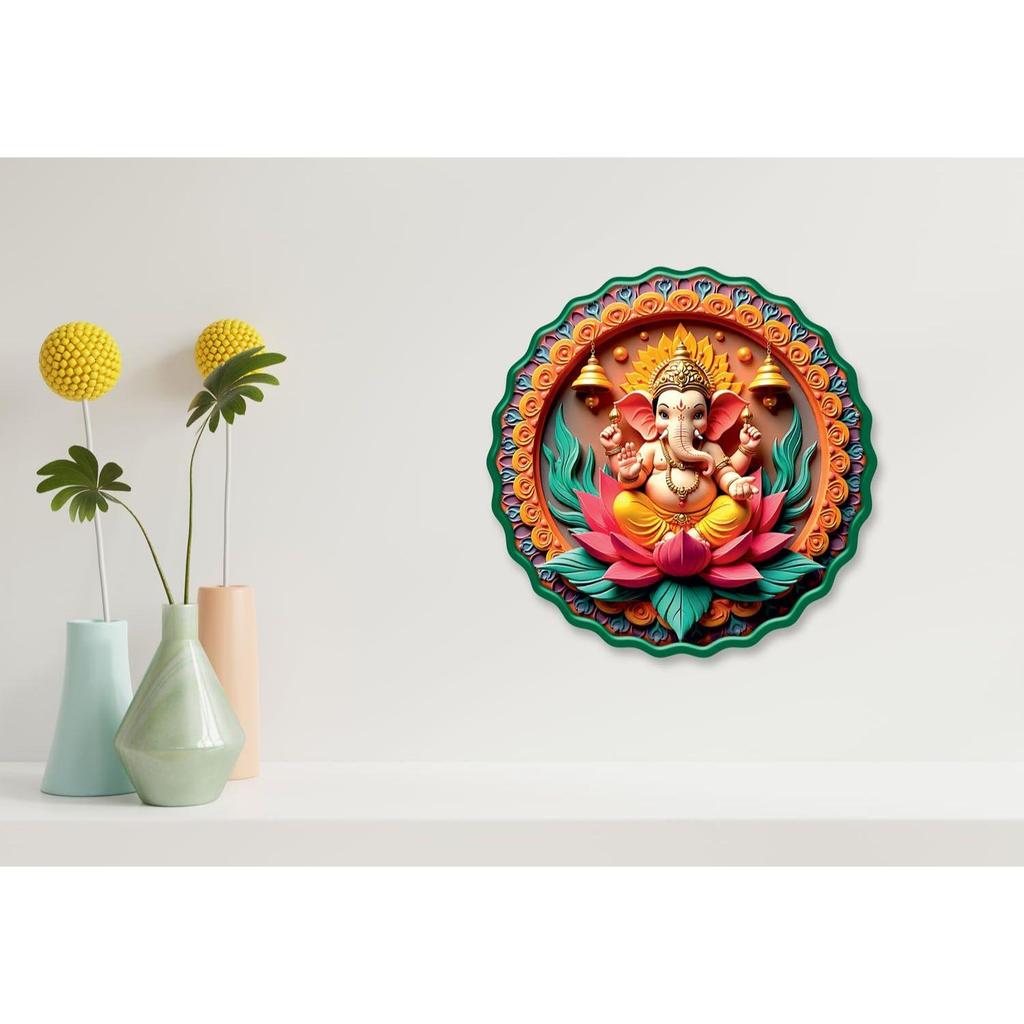 Casa Rica MDF Wooden Wall Art 12x12 Inch | Ganesh Ji Sparkle Laminated Wall Hanging Frame for Living Room,