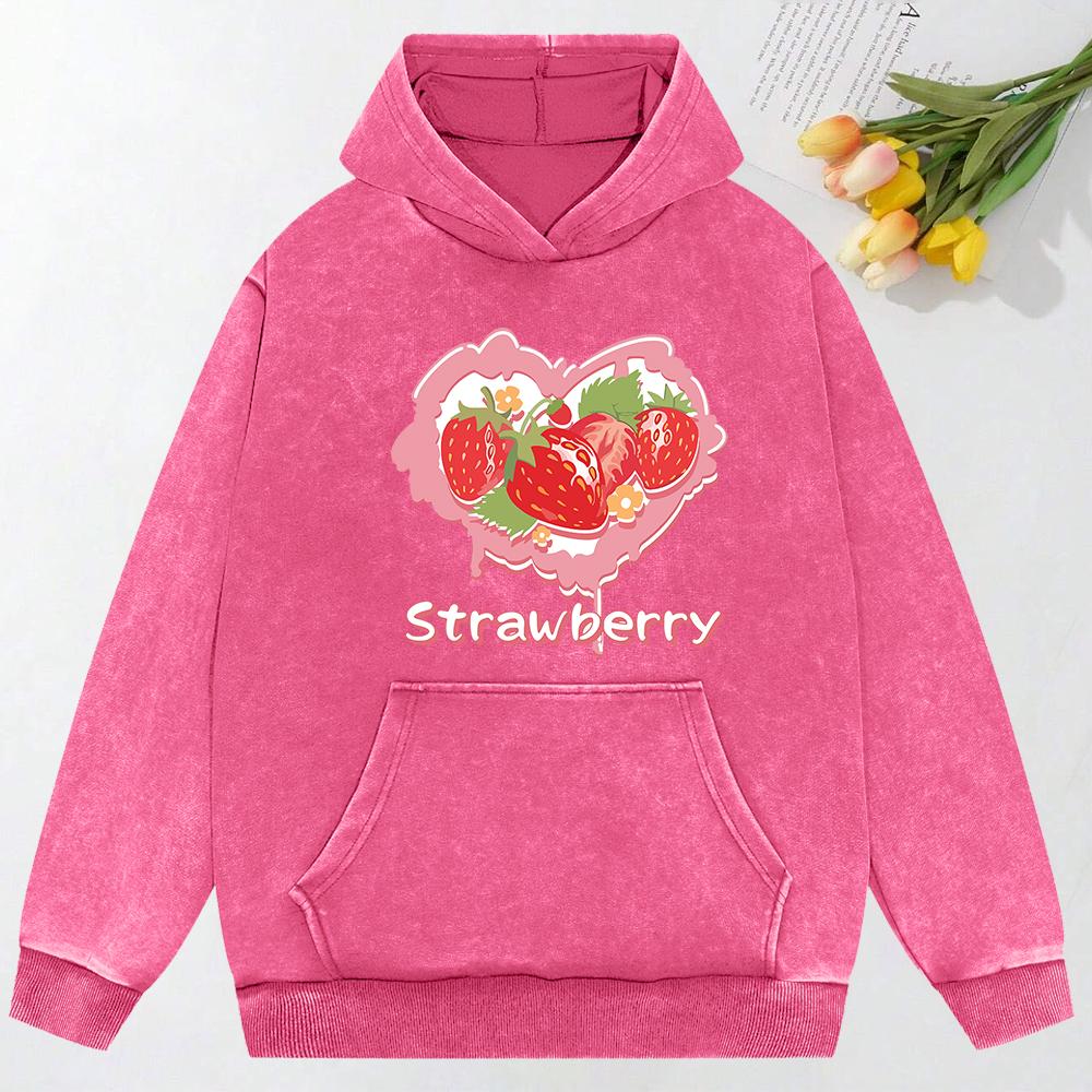 Heart Strawberry  Print Washed Hoodie Women Y2K Comfortable Pocket Streetwear Fashion Hoody Hip Hop Cotton Clothing