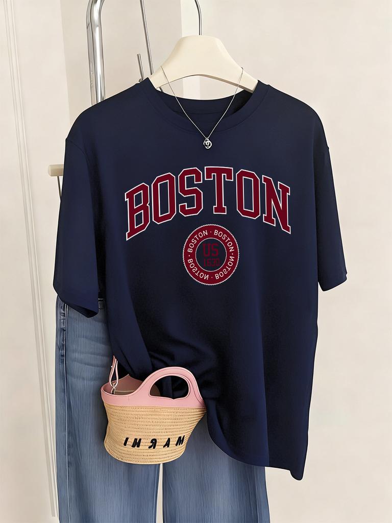 Boston City Us 1630 Letter Prints TShirts Womens Summer Basic T Shirts ONeck Soft Short Sleeve Tops Casual Loose Woman Clothes