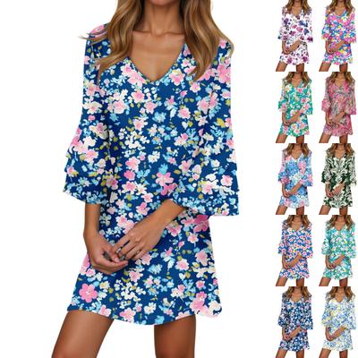 Women's Casual Fashion Floral Print V-Neck Loose 3/4 Sleeve Dress