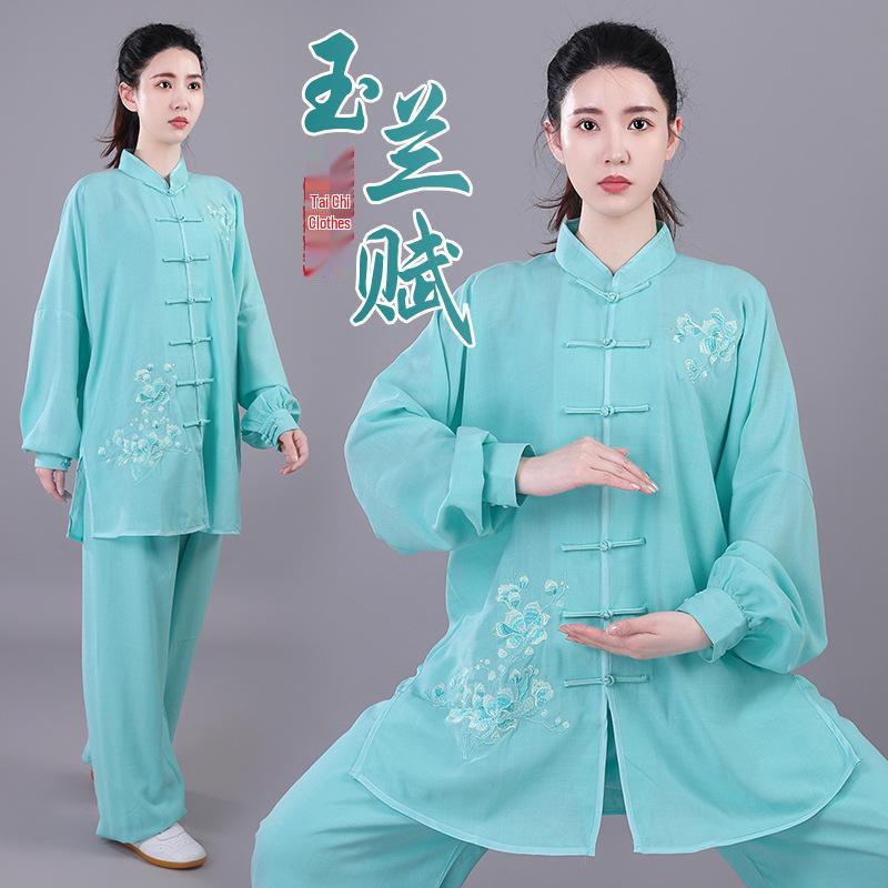 Damski Haftowany Garnitur Tai Chi - Wiosna/Jesień Płynna Bawełna Lniana, Długi Rękaw Kung Fu do Występów, Styl Chiński