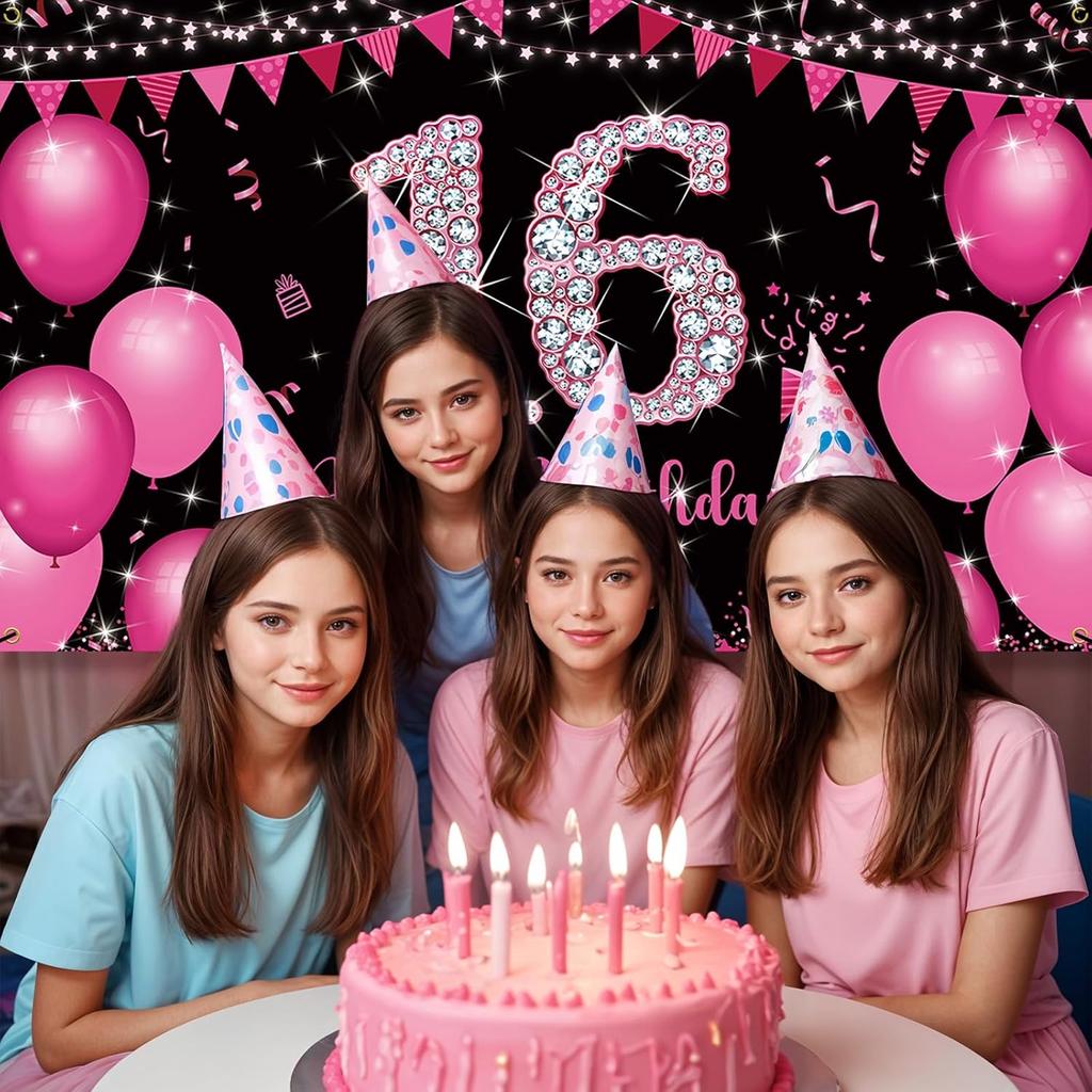 Sweet 16 Birthday Banner Hot Pink, Happy 16th Birthday Decorations for Girls, Sweet Sixteen Party Decorations, 16 Year Old Birthday Photo Props Yard