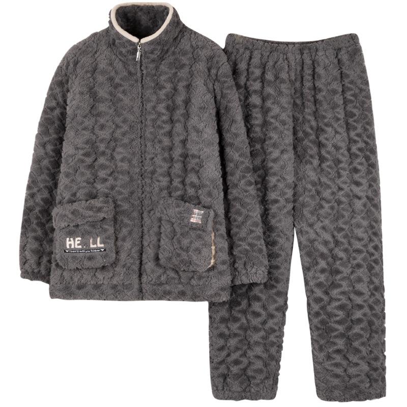 Pajamas Men'S Winter Thickened Three-Layer Coral Fleece Padded Cotton Large Size Autumn And Winter Flannel Zipper Loungewear Set