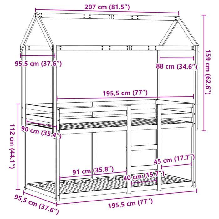 VidaXL Bunk Bed with Roof 90x190 Cm Solid Pine Wood, Bed, Bed Frame, Loft Bed, Bedroom Furniture, Slatted Base, 3282127