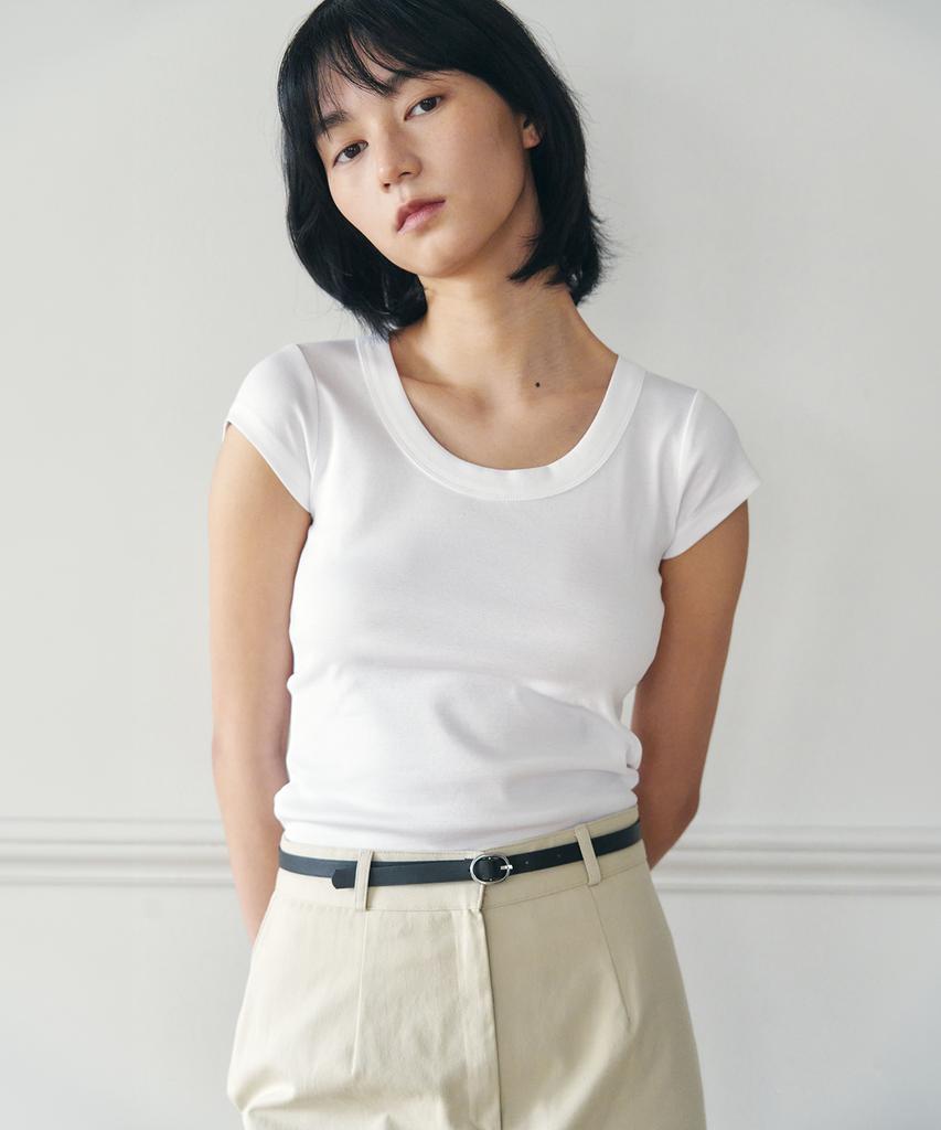 YJACK W_Rib U-Neck Slim Fit Short Sleeve T-Shirt Lrt1463