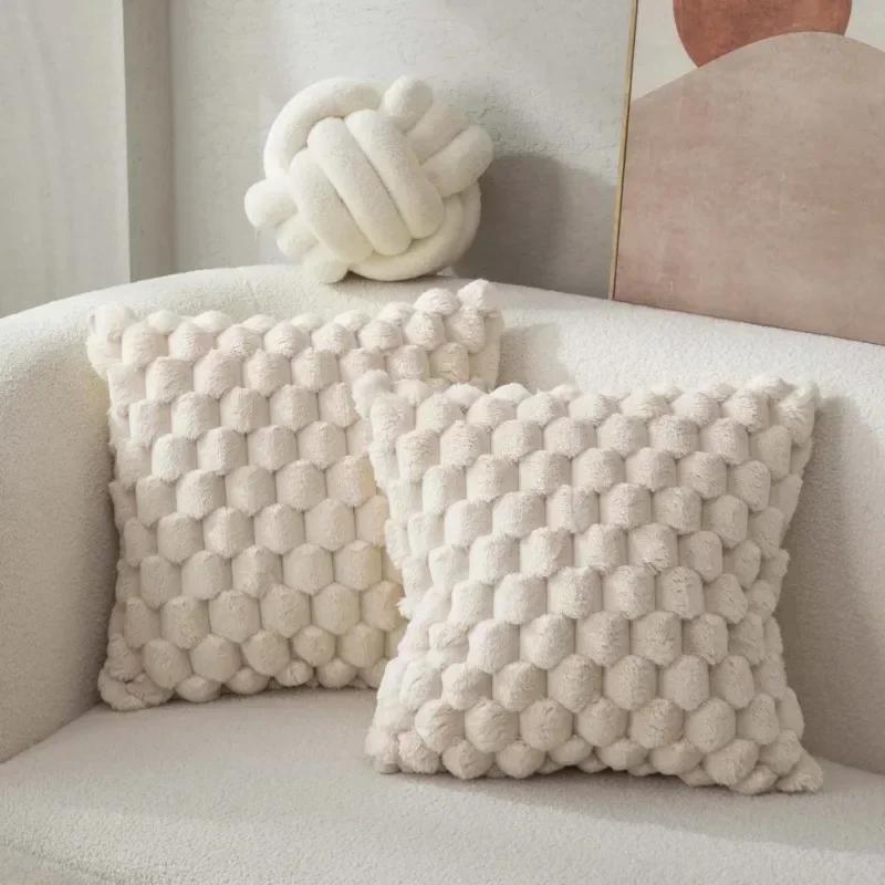 Faux Rabbit Fur Square Cushion Cover Big Thick Striped Super Soft Solid Color Pillow Cover 30/45/50cm Sofa Decor Cushion Cover