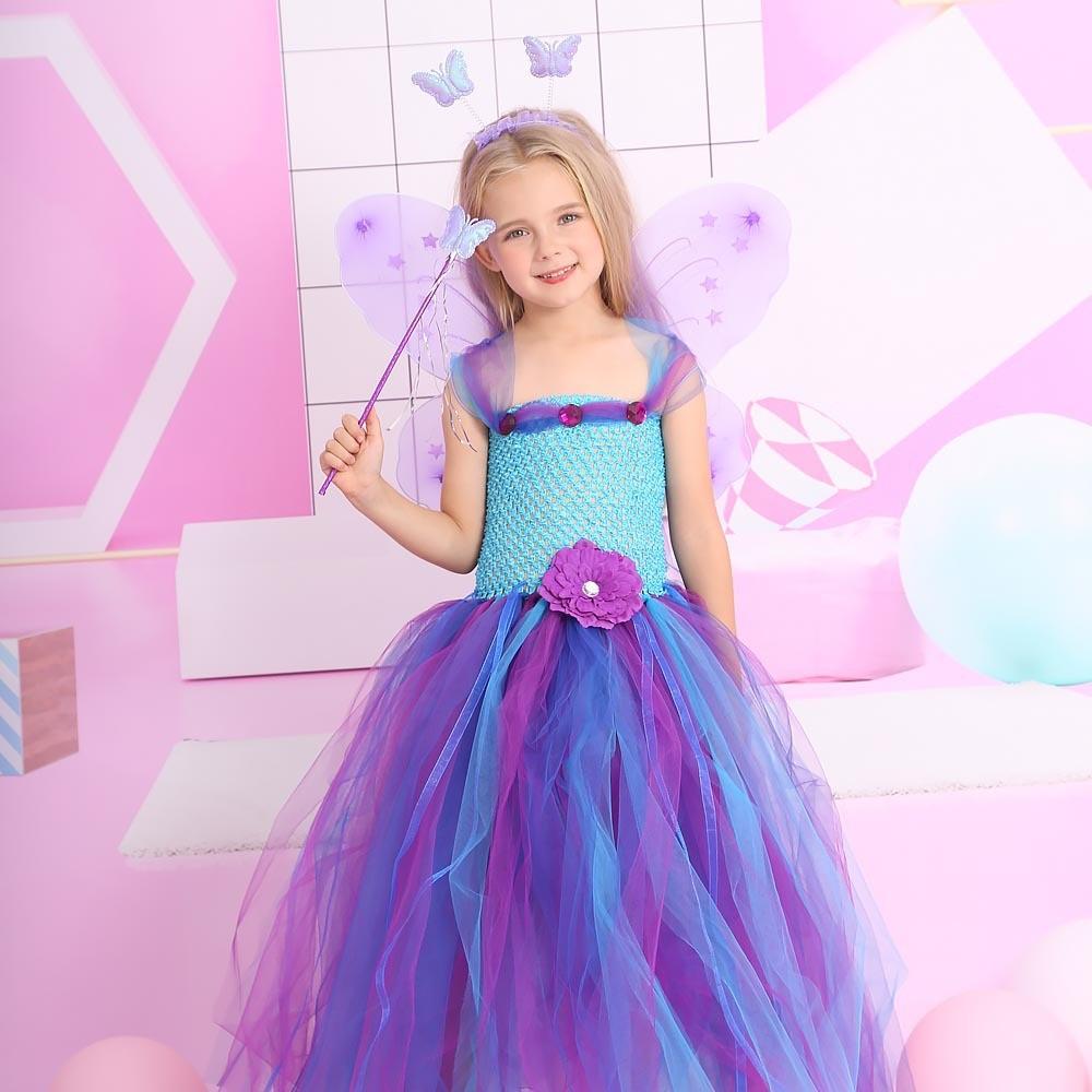 Kids Girls Flower Fairy Mesh Tutu Dress Headwear Wings Set Children Halloween Cosplay Costumes Child Pretend Princess Party Role Play Outfit