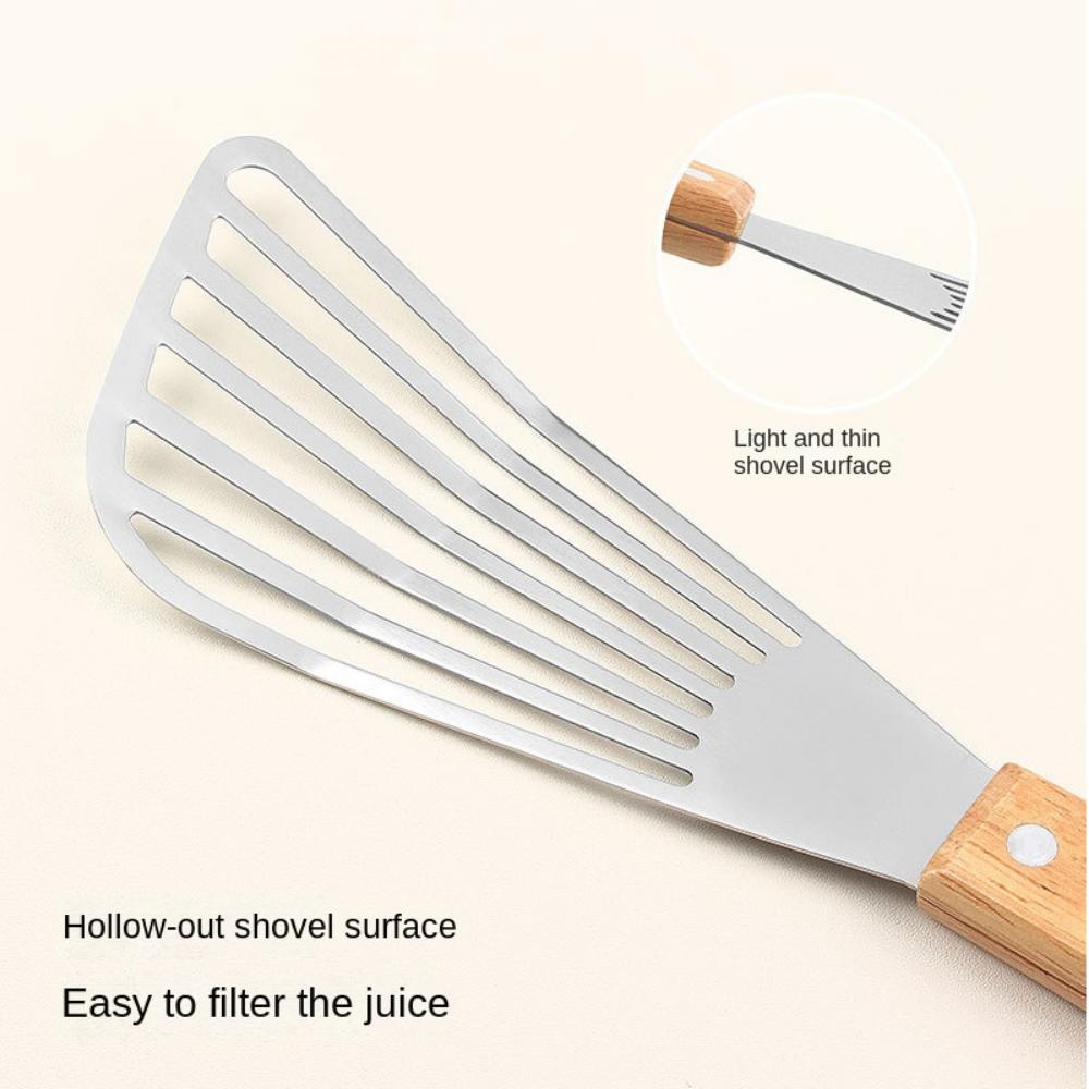 Wooden Handle Fish Frying Shovel Stainless Steel Flipping Frying Spatulas Cooking